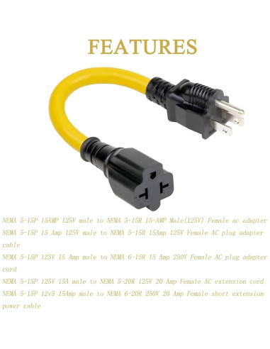 Cable adaptador AC 12AWG 15A a 20A 1 pie Hurricane