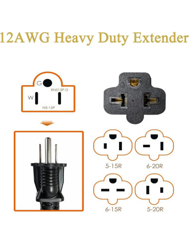 Cable adaptador AC 12AWG 15A a 20A 1 pie Hurricane