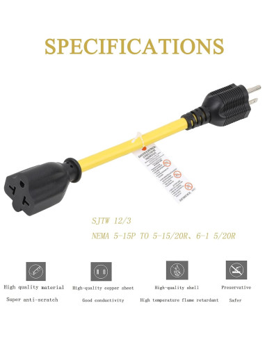 Cable adaptador AC 12AWG 15A a 20A 1 pie Hurricane
