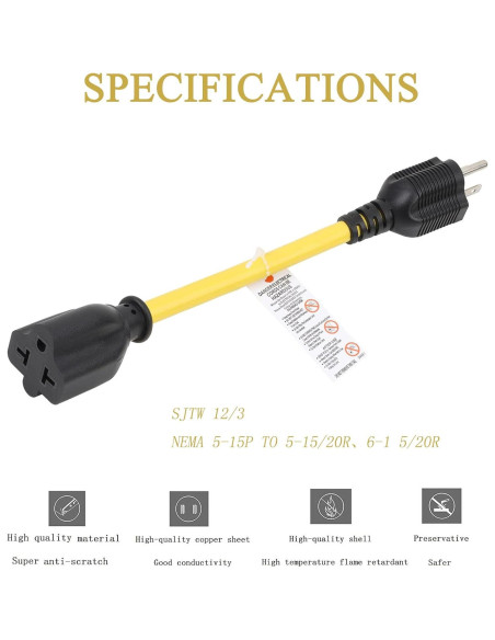 Cable adaptador AC 12AWG 15A a 20A 1 pie Hurricane
