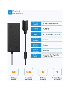Convertidor AC a DC ALITOVE 12V 5A 60W para Coche 2