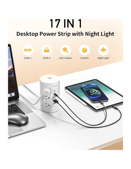 Torre de Regletas AnnTane con Luz Nocturna y 12 Salidas AC/USB