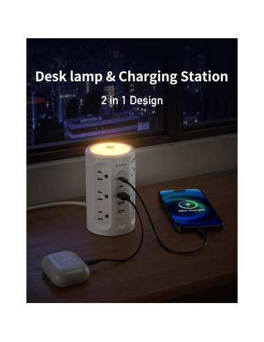 Torre de Regletas AnnTane con Luz Nocturna y 12 Salidas AC/USB