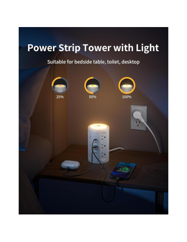 Torre de Regletas AnnTane con Luz Nocturna y 12 Salidas AC/USB