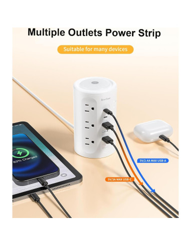 Torre de Regletas AnnTane con Luz Nocturna y 12 Salidas AC/USB