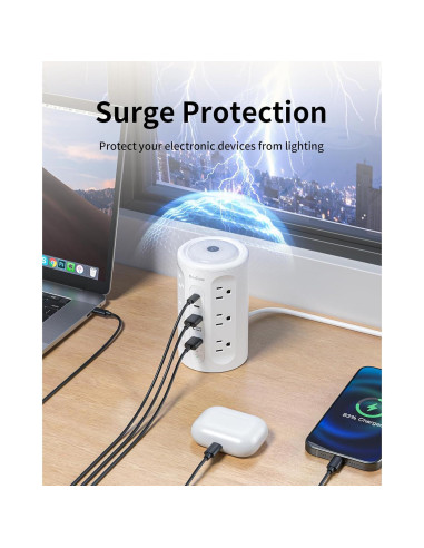 Torre de Regletas AnnTane con Luz Nocturna y 12 Salidas AC/USB