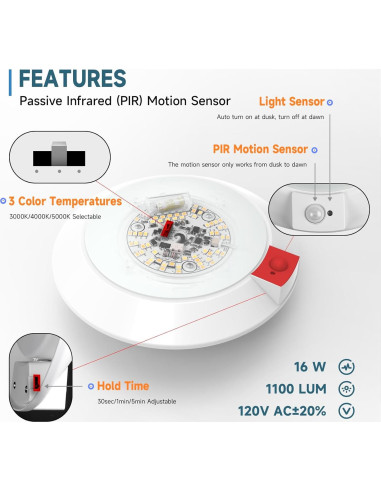 Luz de Techo LED ECOELER con Sensor de Movimiento 16W 1000Lm