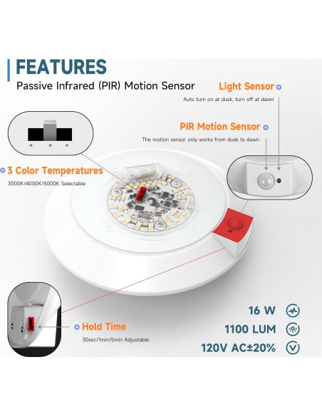 Luz de Techo LED ECOELER con Sensor de Movimiento 16W 1000Lm