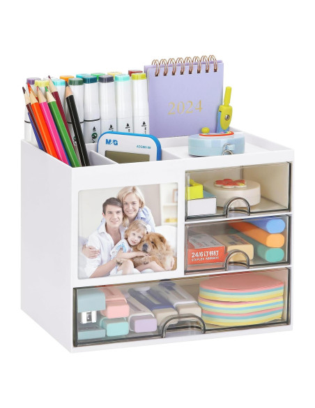 Organizador de Escritorio LETURE Blanco con 3 Cajones y 8 Compartimentos