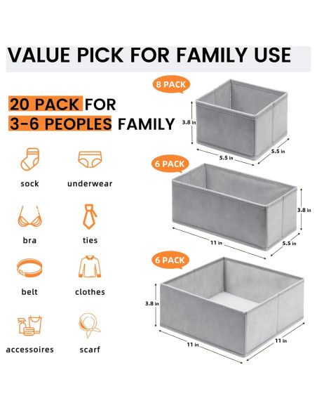 Organizadores de Cajones Criusia 20 Paquete Tela Gris 9.7 cm