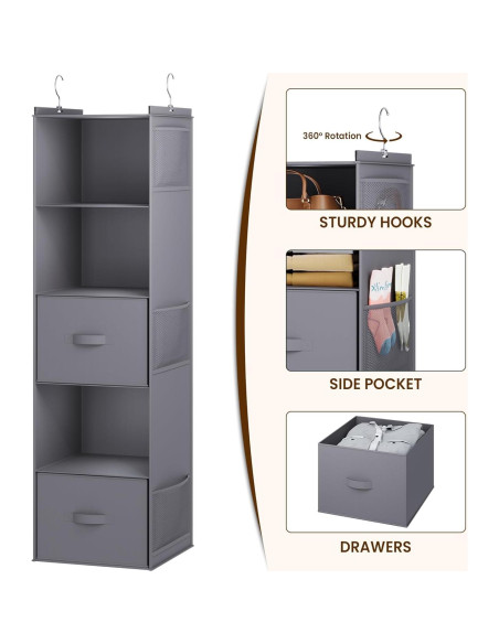 Organizador de Closet Colgante YOUDENOVA 5 Estantes 2 Cajones Gris