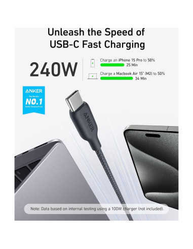 Cable USB C Anker A80E7 240W Carga Rápida 3,05m Negro