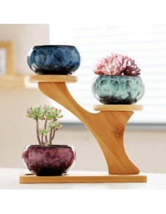 Macetas Suculentas YYW con Drenaje y Soporte de Bambú 3 Niveles 2