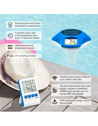 Termómetro de piscina solar inalámbrico Circrane, digital IPX8