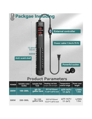 Calentador de Acuario AHJ 500W para 284-454 Litros con Control Preciso