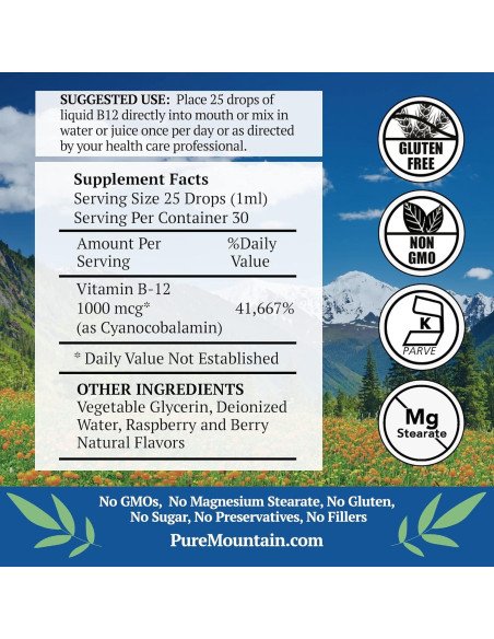 Gotas líquidas de B12 Pure Mountain Botanicals 1000 mcg Gotas líquidas de B12 Pure Mountain Botanicals 1000 mcg