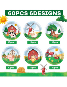 60 Platos de Papel Animales de Granja Justforjoyful 17.8 cm 2