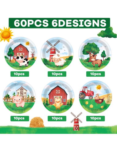 60 Platos de Papel Animales de Granja Justforjoyful 17.8 cm
