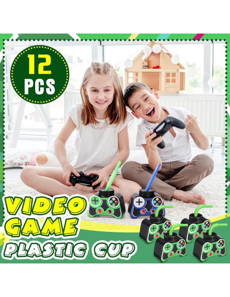 Vasos de Fiesta Gamer Mifoci 12 Pcs 295ml con Pajilla y Tapa