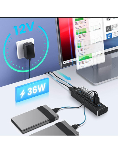 Hub USB 3.0 Alimentado Rosonway RSH-A10 de 10 Puertos