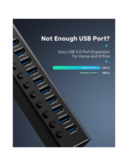 Hub USB 3.0 Alimentado Rosonway RSH-A10 de 10 Puertos