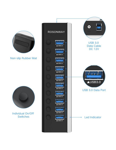 Hub USB 3.0 Alimentado Rosonway RSH-A10 de 10 Puertos