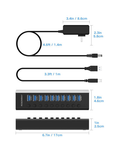 Hub USB 3.0 Alimentado Rosonway RSH-A10 de 10 Puertos