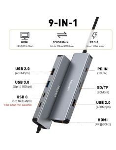 Hub USB C 9-en-1 UANTIN con HDMI 4K, 5 Puertos USB y Carga 100W 2