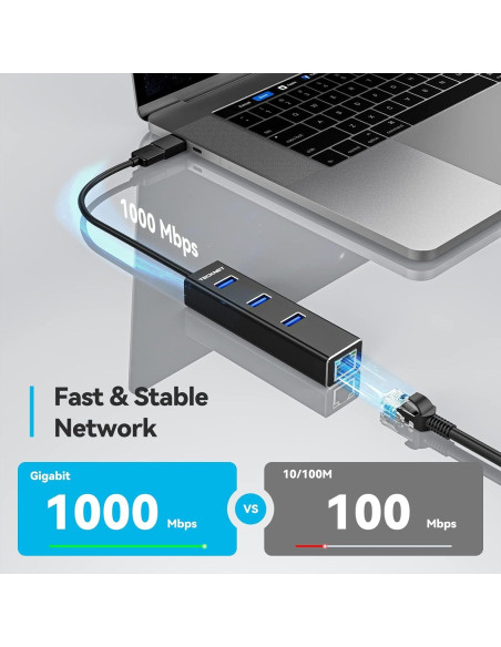Adaptador USB C a Ethernet TECKNET con 3 puertos USB 3.0