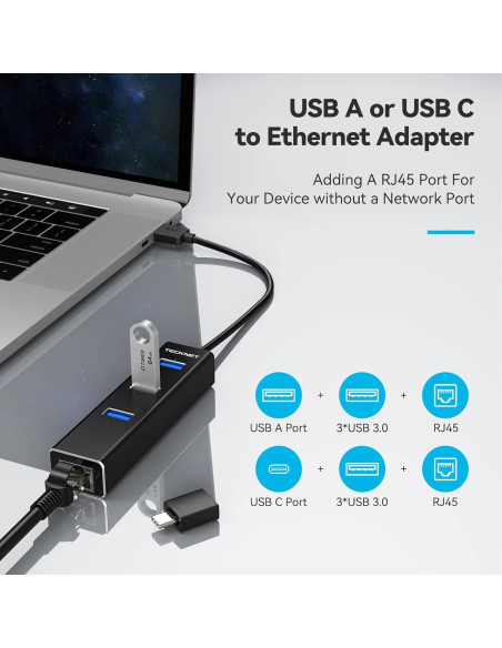 Adaptador USB C a Ethernet TECKNET con 3 puertos USB 3.0