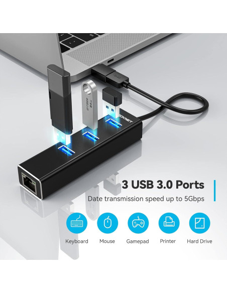 Adaptador USB C a Ethernet TECKNET con 3 puertos USB 3.0