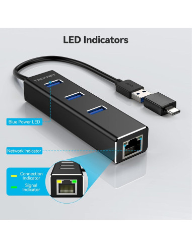 Adaptador USB C a Ethernet TECKNET con 3 puertos USB 3.0