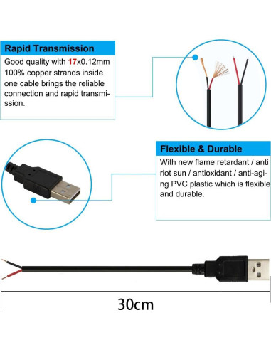 5 Piezas Cable Pigtail USB 2.0 Macho 30cm 22AWG 3A Jienk