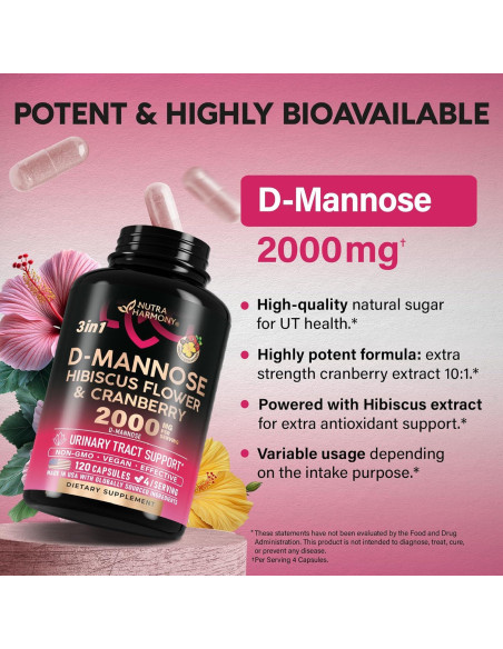 D-Mannose 2000mg Nutra Harmony con Arándano y Hibisco - 120 Cápsulas