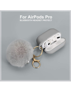 Funda Protectora Silicona Airpods Pro 2019 con Llavero Pom Pom Gris 2