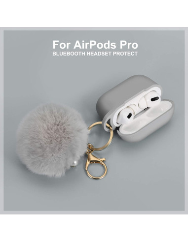 Funda Protectora Silicona Airpods Pro 2019 con Llavero Pom Pom Gris