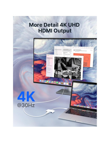 Adaptador JSAUX USB C a HDMI 4K 3-en-1 Carga 100W Blanco