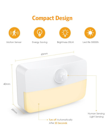 2 Pack Luz Nocturna Sensor de Movimiento JXTZ 3000K Adhesiva