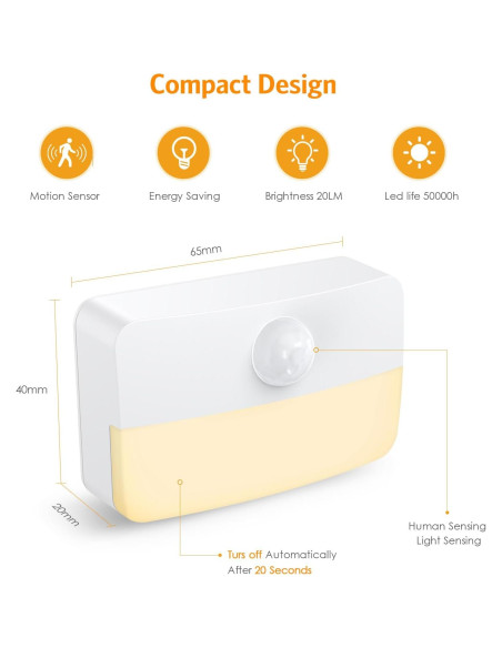 2 Pack Luz Nocturna Sensor de Movimiento JXTZ 3000K Adhesiva