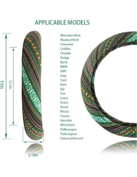 Cubierta de Volante LS AUTO Boho Verde 38 cm Antideslizante