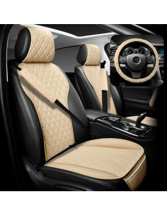 Fundas de Asiento de Cuero BaoLL Beige + Funda de Volante 2