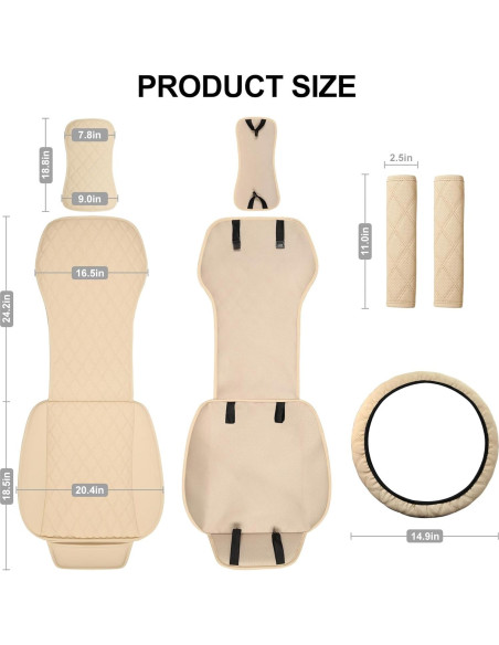 Fundas de Asiento de Cuero BaoLL Beige + Funda de Volante