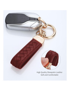 Llavero de cuero genuino Hamdecro rojo vino con anillo D 2