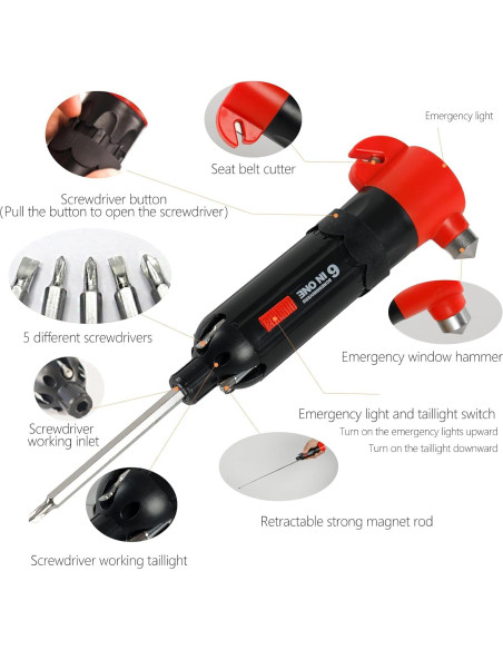 Martillo de Seguridad 6-en-1 BUSEJINS con Luz y Destornillador