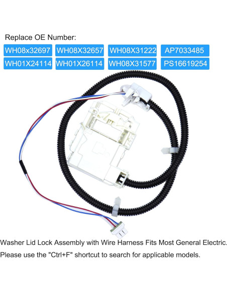 Interruptor de bloqueo de tapa GE WH08X32657 y arnés de repuesto