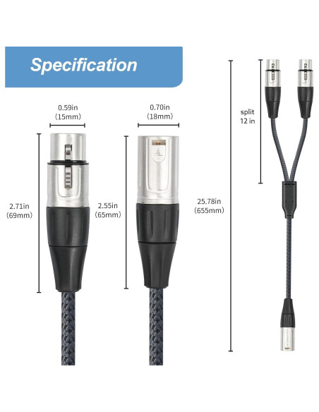 Cable Divisor XLR Devinal 2 Femenino a 1 Masculino 0.61 m