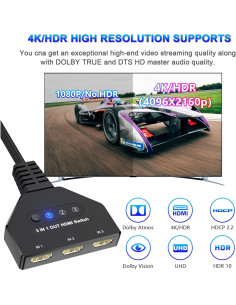 Conmutador HDMI 3 en 1 AUKOKIOULA 4K@30Hz Soporta 1080P 3D 2