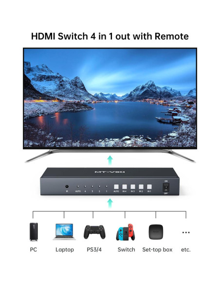 Interruptor HDMI 4K Sin Costura MT-VIKI 4 Puertos Audio 3.5mm