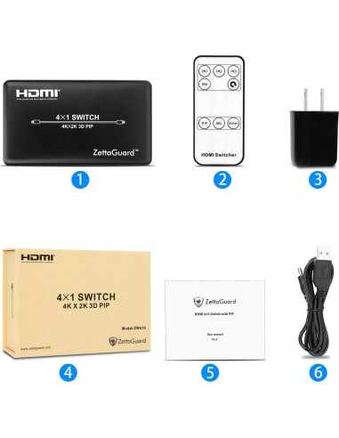 Conmutador HDMI 4 Puertos Zettaguard 4K PIP Control Remoto