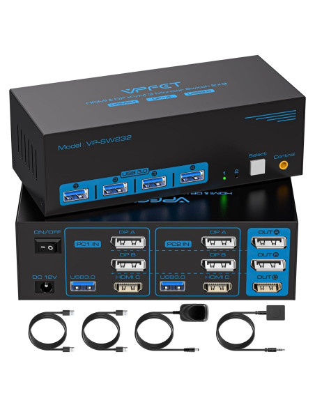 Interruptor KVM 8K 60Hz CMSTEDCD para 2 PCs y 3 Monitores